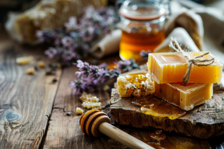 Handmade honey soap bars with a jar, honeycomb and fresh lavender flowers on a rustic wooden table background, natural skincare routine concept, for organic stores.の素材