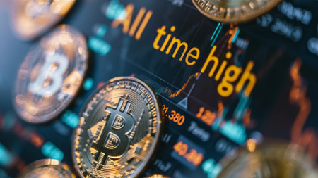 Bitcoin coins with All Time High text, BTC crypto ATH celebration, coins on blue market graph chart close-up. Cryptocurrency reaches the highest value ever and hits the new price record.の素材