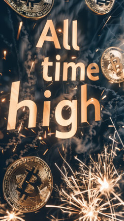 Bitcoin All Time High text, BTC cryptocurrency ATH celebration with fireworks and flying coins. Crypto reaches the highest price ever and hits the new value record.の素材