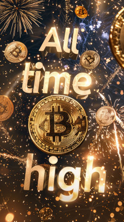 Bitcoin All Time High sign, BTC crypto ATH celebration with fireworks and flying coins. Cryptocurrency reaches the highest value ever and hits the new price record.の素材