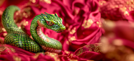Green wooden snake, Chinese new year 2025 symbol, on luxury red silk with golden patterns, banner with copy space for text. Greeting card or Lunar calendar template.の素材