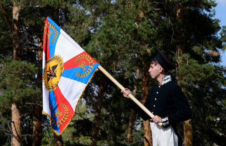 Historical reproduction of the Battle of Borodino. Battle between the French and Russian armies. The Historical Reconstruction Club is hosting a performance in summer 2020 in Chelyabinsk, Russia.のeditorial素材