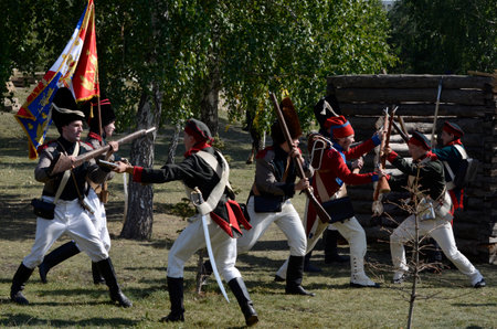 Historical reproduction of the Battle of Borodino. Battle between the French and Russian armies. The Historical Reconstruction Club is hosting a performance in summer 2020 in Chelyabinsk, Russia.のeditorial素材