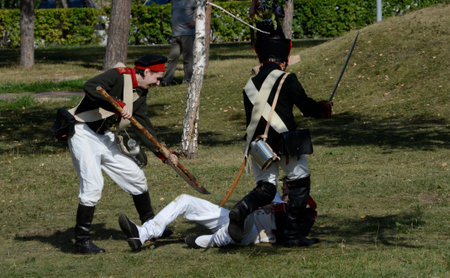 Historical reproduction of the Battle of Borodino. Battle between the French and Russian armies. The Historical Reconstruction Club is hosting a performance in summer 2020 in Chelyabinsk, Russia.のeditorial素材