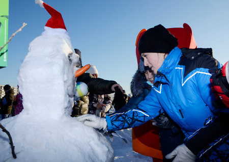 Filmed in December 2020 in Chelyabinsk. Traditional competition of snow Santa Claus, Snowmen. And also homemade snowmen.のeditorial素材