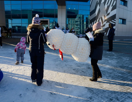 Filmed in December 2020 in Chelyabinsk. Traditional competition of snow Santa Claus, Snowmen. And also homemade snowmen.のeditorial素材
