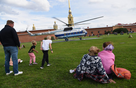 A sightseeing helicopter taking off near the Peter and Paul Fortress in St. Petersburg.のeditorial素材