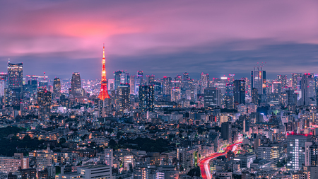 Beautiful twilight scene of Tokyo Tower and urban skyline with fantastic clouds after the rain, Tokyo, Japan.のeditorial素材