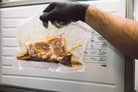 A man in a protective glove holds a plastic bag with meat in the oven.の写真素材