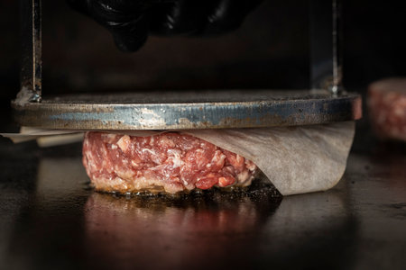 The process of cooking hamburgers. The chef prepares hamburgers on a black background.の写真素材