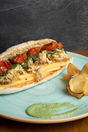 Sandwich with cheese, tomatoes and spinach on a blue plate.の写真素材