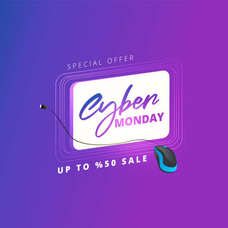 cyber monday promotional banner with wired mouse on purple backgroundのイラスト素材
