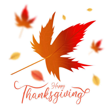Calligraphy of Happy Thanksgiving message on maple leaves background. Can be used as greeting card design.のイラスト素材