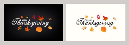 Calligraphy of Happy Thanksgiving with pumpkin and autumn leaves decorated on background in two color option.のイラスト素材