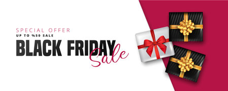 50% discount offer for Black friday sale lettering, White and black gift boxes around on white and red background. Can be used as poster,banner or template design.のイラスト素材