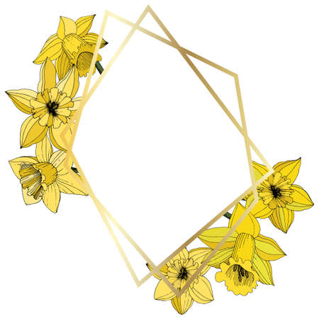 Vector Narcissus. Floral botanical flower. Yellow engraved ink art. Frame golden crystal polyhedron mosaic shape.のイラスト素材