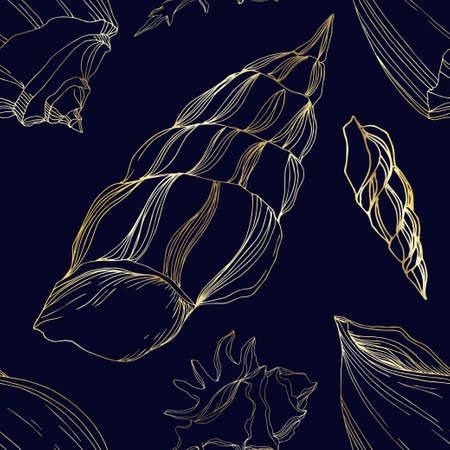 Vector Summer beach seashell tropical elements. Brown beige Engraved ink art. Seamless background pattern.のイラスト素材