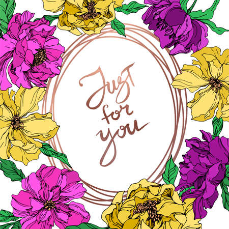 Peony floral botanical flowers. Black and white engraved ink art. Frame border ornament square.のイラスト素材