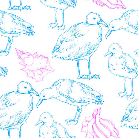 Vector Sky bird seagull in a wildlife isolated. Black and white engraved ink art. Seamless background pattern.のイラスト素材