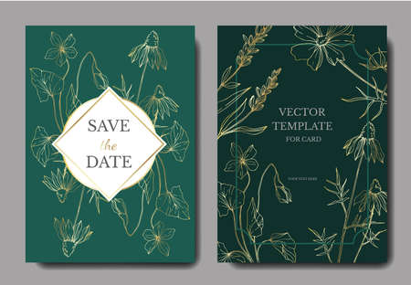 Vector wildflower floral botanical flowers. Engraved ink art. Wedding background card floral decorative border. Thank you, rsvp, invitation elegant card illustration graphic set banner.のイラスト素材