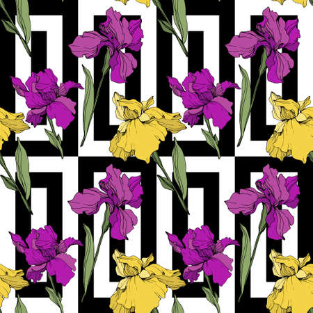 Vector Iris floral botanical flower. Engraved ink art. Seamless background pattern. Fabric wallpaper print texture.のイラスト素材