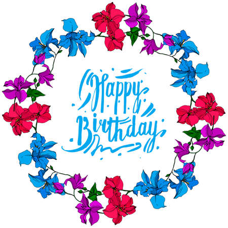 Vector Orchid floral botanical flowers. Black and white engraved ink art. Frame border ornament square.のイラスト素材