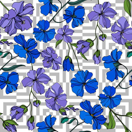 Vector Flax floral botanical flowers. Black and white engraved ink art. Seamless background pattern.のイラスト素材