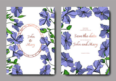 Vector Flax floral botanical flowers. Black and white engraved ink art. Wedding background card decorative border.のイラスト素材