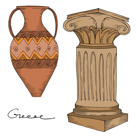 Vector Antique greek amphoras and columns. Black and white engraved ink art. Isolated ancient illustration element.のイラスト素材