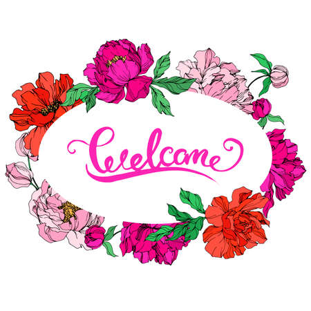 Peony floral botanical flowers. Black and white engraved ink art. Frame border ornament square.のイラスト素材