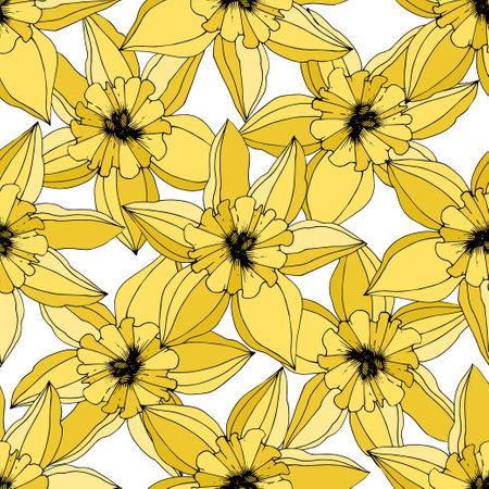 Vector Narcissus flower. Yellow engraved ink art. Seamless pattern. Fabric wallpaper print texture.のイラスト素材