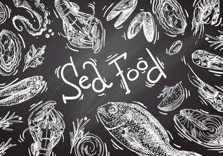 hand drawn vector illustration sea food vintage sketch styleのイラスト素材
