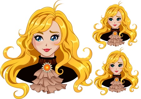 Cute cartoon girl with wavy blond hair, steam punk style clothes. Eyes comes in three options: normal, glowing and scary. Portrait isolated on a white background.のイラスト素材