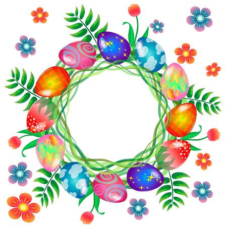Easter vector frame with bright colored eggs and flowers, isolated on white background.のイラスト素材