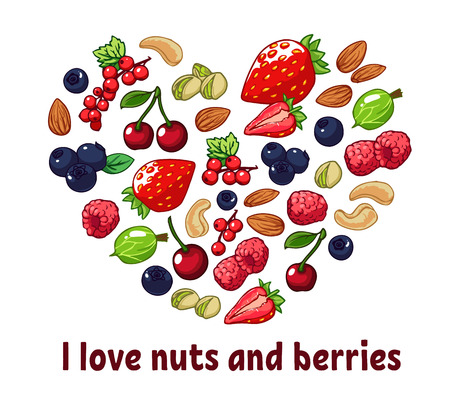 Isolated heart silhouette made of berries and nuts. Healthy food set concept.のイラスト素材