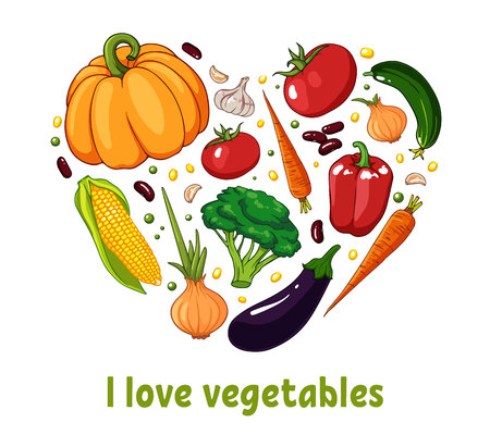 Isolated heart silhouette made of vegetables. Healthy food set concept.のイラスト素材