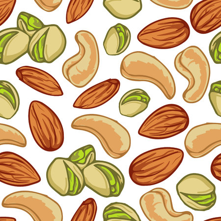 Cashew nuts, almond and pistachios seamless pattern. Colored nuts on on white background. Hand drawn vector illustration.のイラスト素材