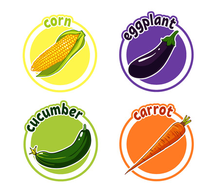 Four stickers with different vegetables. Corn, eggplant, cucumber and carrot.のイラスト素材