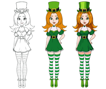Cute cartoon girl wearing St. Patrick s day costume. Contour, flat colors, fullcolored. Red hair, green dress. Hand drawn vector illustration for coloring book, children games, paper doll, cards etc.のイラスト素材