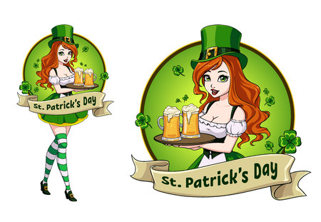Pretty leprechaun girl with beer, St. Patrick s Day icon design with space for text.のイラスト素材