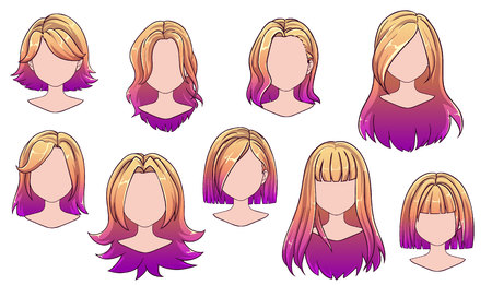 Beautiful hairstyle woman modern fashion for assortment. Ombre long, short hair, curly hair salon hairstyles and trendy haircut vector icon set isolated on white background. Hand drawn illustration.のイラスト素材