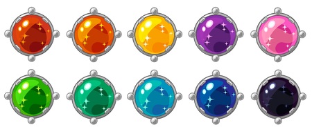 Shiny colorful round gem with golden frame set for mobile game interface design. Isolated on white background.のイラスト素材