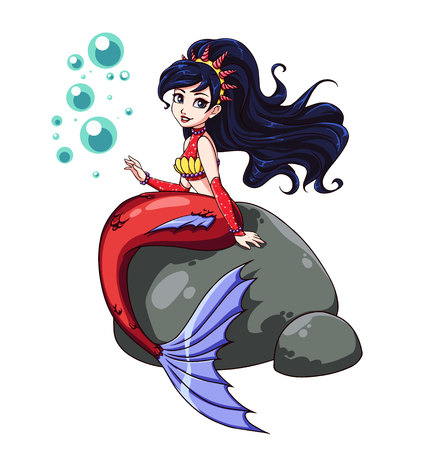 Cute mermaid sitting on rock. Crown with shells, wavy black hair, shiny shirt, red and blue tail. Hand drawn vector art. Can be used for children mobile games, books, stickers, cards, t-shirt design.のイラスト素材
