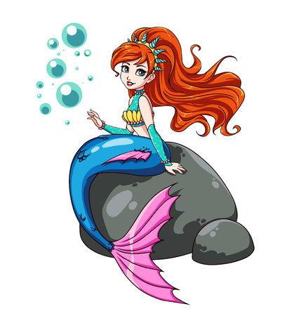 Cute mermaid sitting on rock. Crown with shells, wavy red hair, shiny shirt, blue tail. Hand drawn vector illustration. Can be used for children mobile games, books, stickers, cards, t-shirt design.のイラスト素材