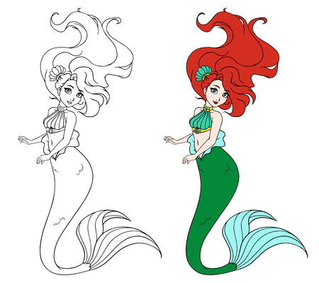 Cute mermaid with long hair. hand drawn vector illustration on a white background for coloring book, tattoo, card, t-shirt template etc.のイラスト素材