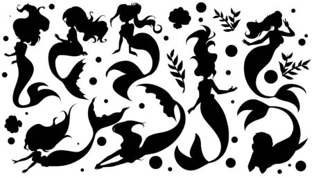Set of black ink hand drawn cartoon sketch of mermaids.のイラスト素材