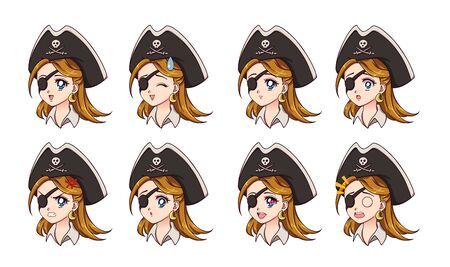 Halloween kawaii pirate with eight different face expression. Retro 90s anime style hand draw vector illustration. Isolated on white background.のイラスト素材