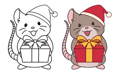 Cute rat wearing Santa hat gives a present.のイラスト素材