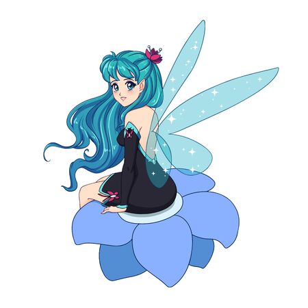 Beautiful anime fairy with shiny blue wings, cyan hair sitting on flower and wearing black dress. Hand drawn vector illustration. Isolated on white background.のイラスト素材