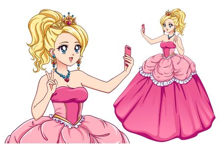Cute anime princess taking selfie. Blondie girl wearing pink royal dress and golden crown. Hand drawn vector illustration. Can be used for t-shirt template, children mobile games, books, cards.のイラスト素材